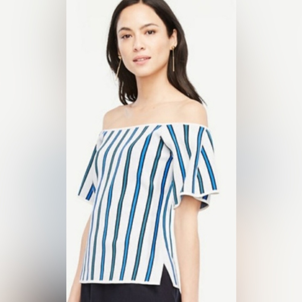 Ann Taylor Royal Blue & White Knit On/Off Shoulder Top Size Large